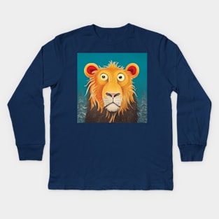 Quirky Surprised Lion Illustration on a Turquoise Background. Great kids room decoration Kids Long Sleeve T-Shirt